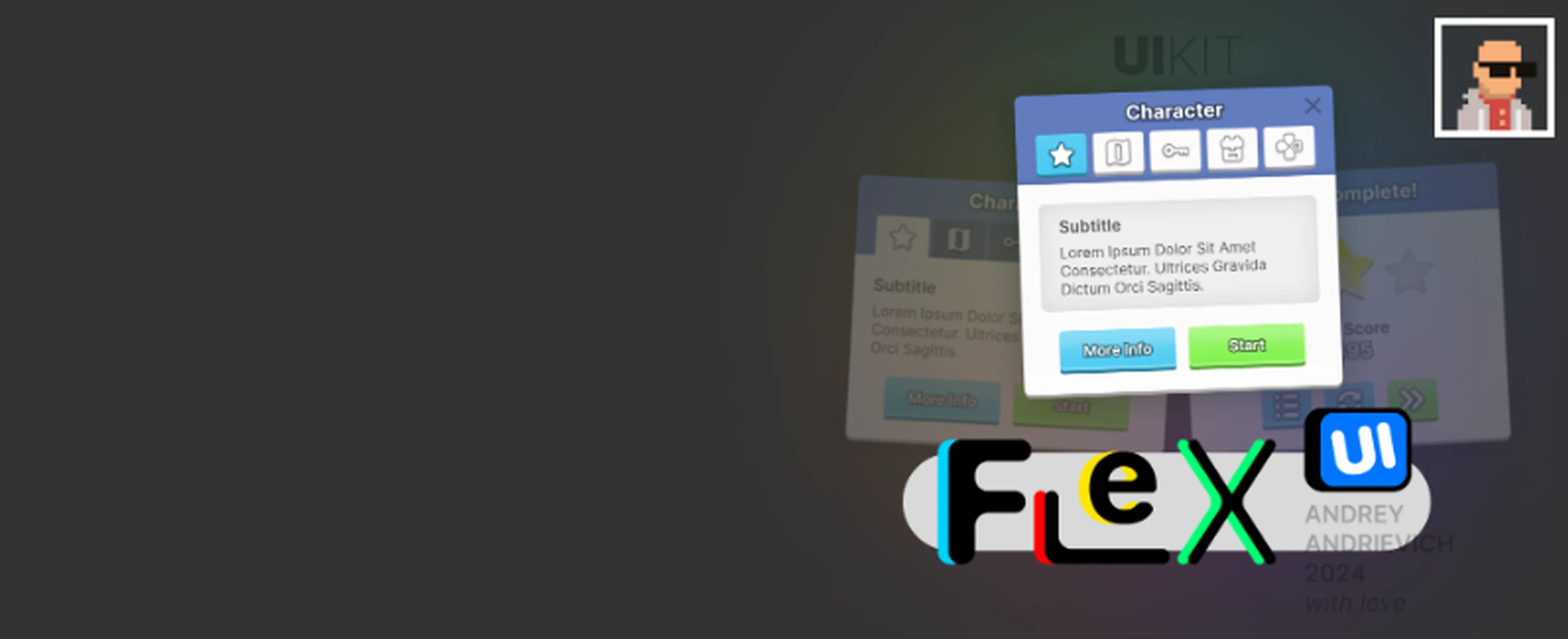 UI Kit. FlexUI v2.003. Blue and white game interface