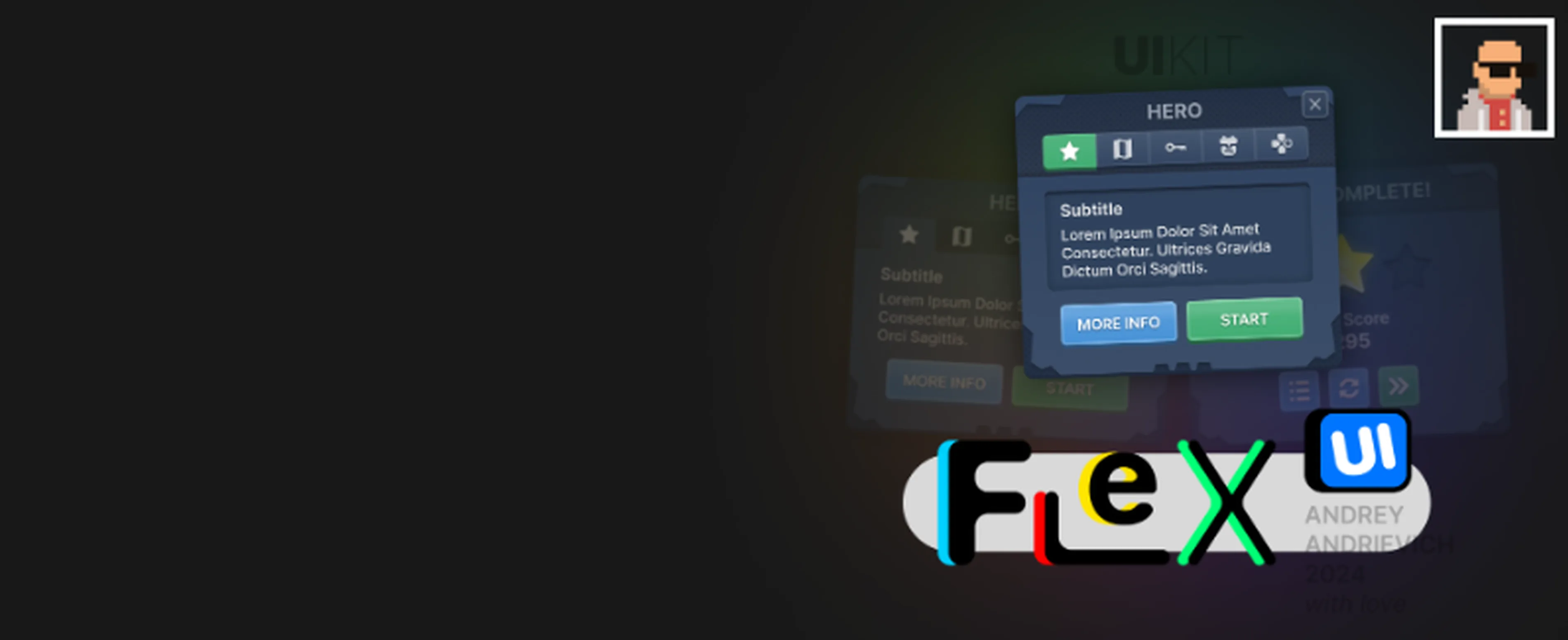 UI Kit. FlexUI v2.009. Mobile game interface in space sci-fi style