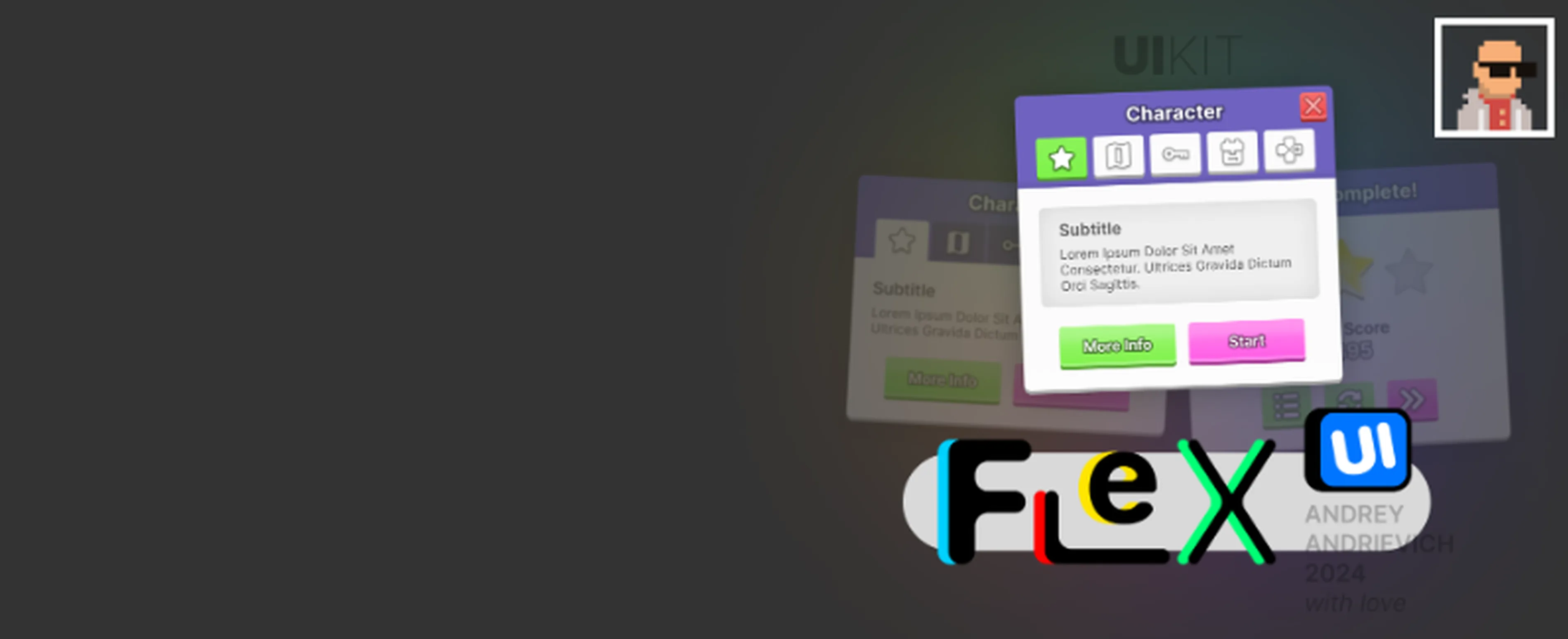 UI Kit. FlexUI v2.002. Purple and white interface with colorful buttons