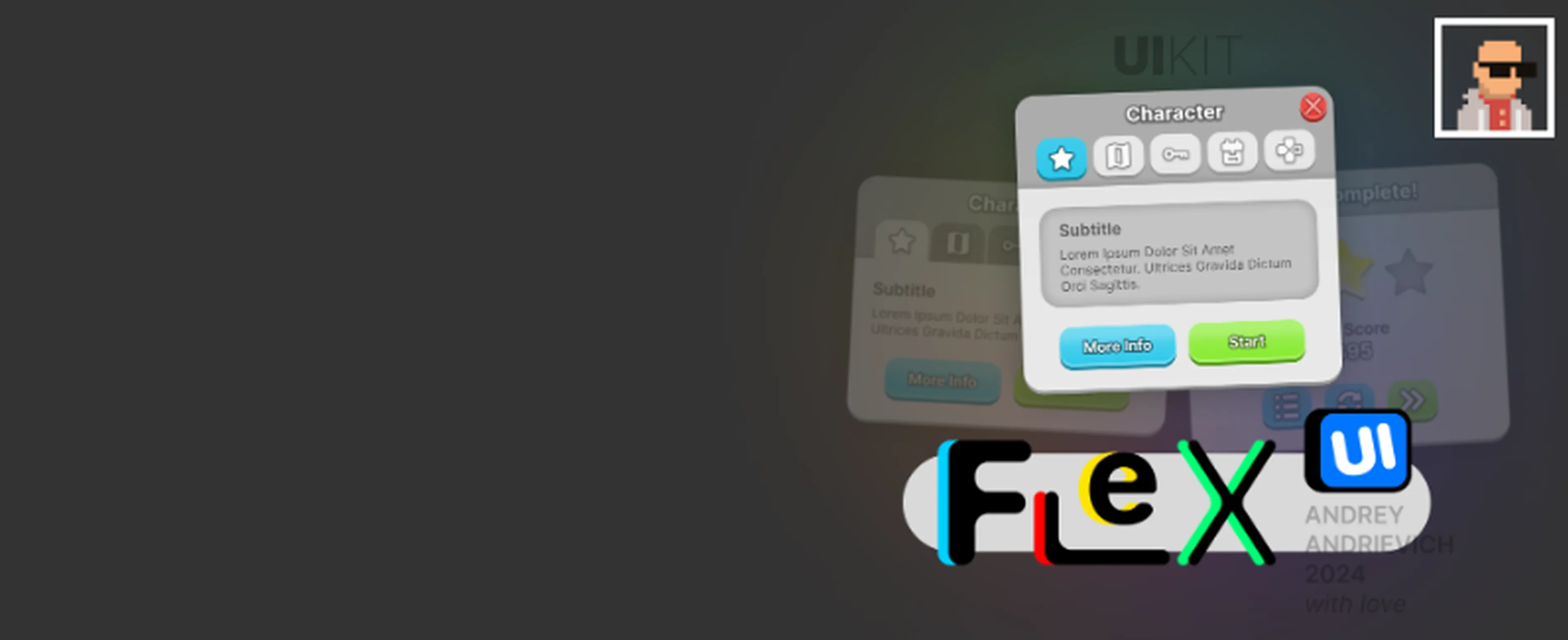 UI Kit. FlexUI v2.001. Gray rounded mobile game interface