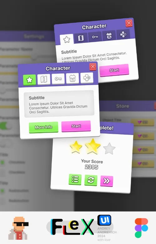 UI Kit. FlexUI v2.002. Purple and white interface with colorful buttons